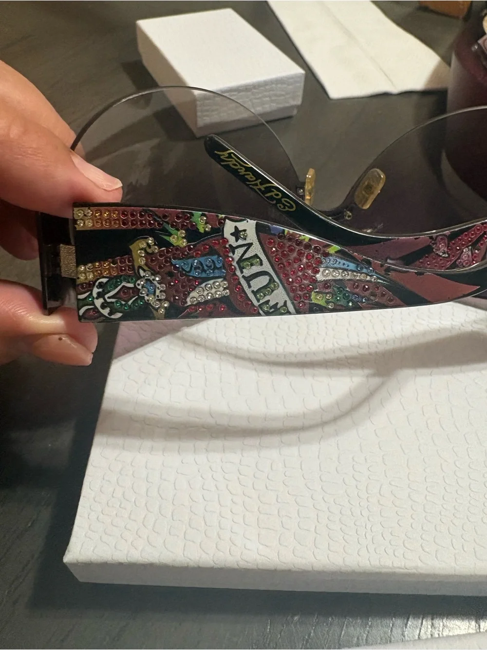 Ed Hardy Purple Gradient Rimless Shield Sunglasses with Gold Brow